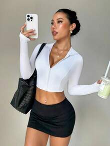 Women's White Zipper Long Sleeve Minimalist Hooded Thumb Hole Sports Knit Jacket