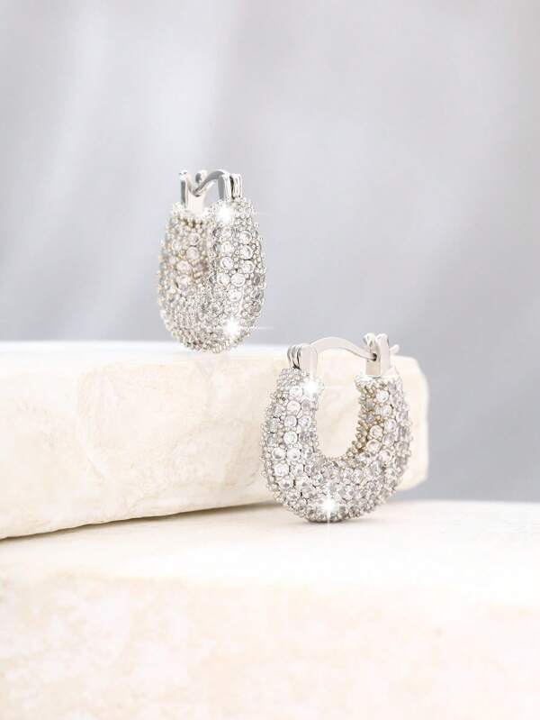 1 paire de boucles d'oreilles créoles en forme de U avec micro-pavé de zirconium cubique, en cuivre, convient pour les déplacements quotidiens