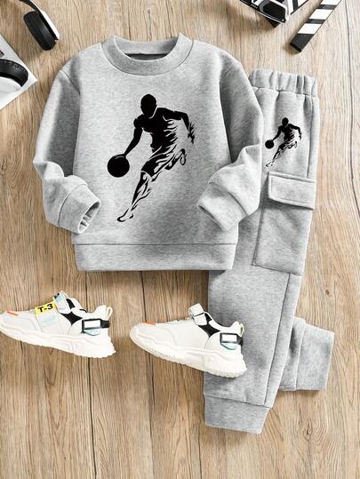 Tween Boy Cartoon Graphic Print Crew Neck Sweatshirt And Sweatpants Set