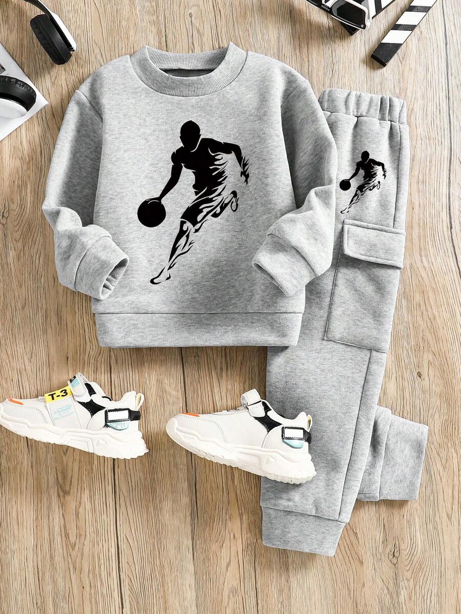 青少年男孩卡通图案印花圆领运动衫和运动裤套装 - 灰色 - 查看 1