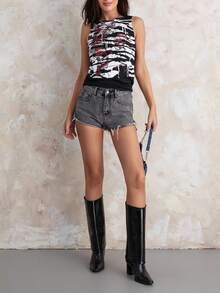 Women Y2k Gothic Tank Tops Dark Goth Style Skull Print Sleeveless Vest Tops Summer Slim Fit Shirts Streetwear Fairy Grunge Vinatge Aesthetic Clothes - 黑色 - 查看 5