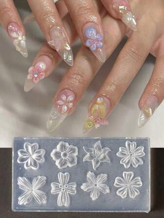 1pc 3D Acrylic Flower Design Mini Silicone Nail Mold Embossed Relief Floral Nail Charms Decorations Carving Stencil Gel Polish Template DIY Manicure Tools