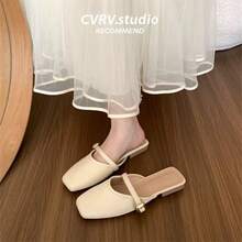 女式米色一脚蹬穆勒鞋，轻便低跟玛丽珍鞋，金属扣带，封闭式鞋头 TPU 凉鞋，橡胶鞋面和鞋底，轻便方便，适合休闲户外穿着，女式正装鞋
