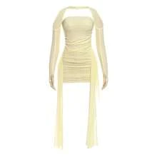 Fashion New Women's Halter Neck Sleeveless Mesh Ribbon Ruched Sexy Short Dress Set - Pink (with Scarf) - View 7