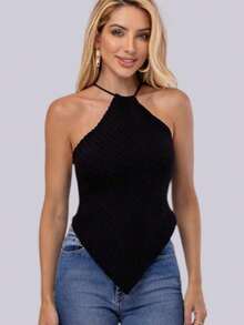 Women's Plain Halter Neck Knit Scarf-Style Crop Top With Tie Back And V-Neck Knitwear - 綠色 - 查看 3