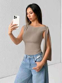 Elegant Suplex T-Shirt Top With Asymmetrical Shoulders And Straps, Ideal For Daily Use, Outings, Nightclubs, Parties, Halloween Costumes - 淺灰色 - 查看 4