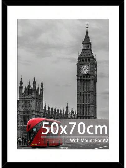 Tinkeps 50x70cm Black Frame - Engineered Wood And Plexiglass, Picture Frames 50cm X 70cm With A2 Mount For Prints, Photos, And Posters, Wall Mountable
