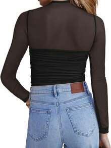 Ladies' Black Silver Thread Sheer Round Neck Top, Mesh Fishnet Shirt, Fashion Forward Women's Fall/Winter Sexy Net Mesh Underwear Shirt  Black Crop Top Long Sleeve - 黑色 - 查看 4