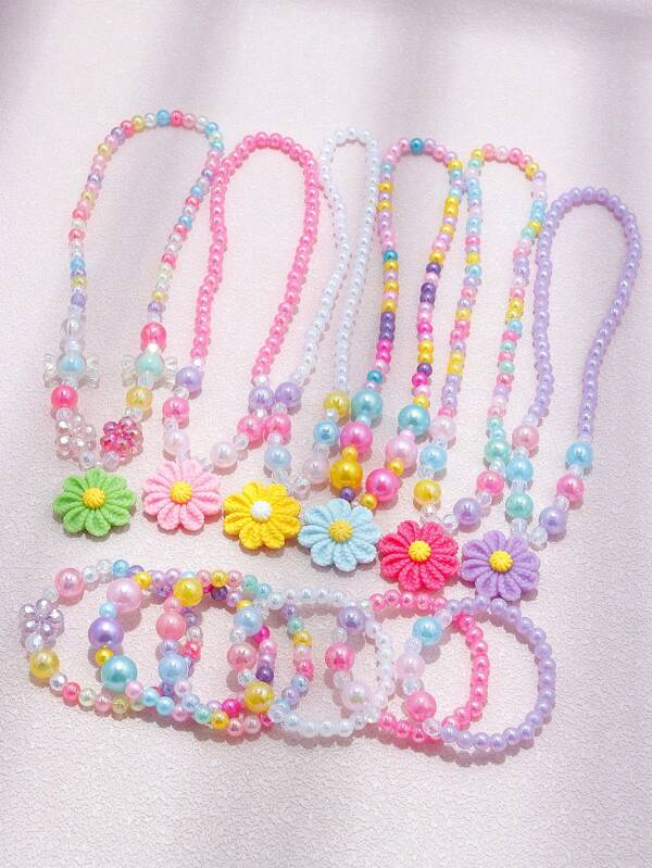 12pcs/Set Girls Cute Multicolor Flower Pendant Charm Beaded Necklace & Bracelet Jewelry Set, Suitable For School, Holiday Party, Birthday Gift, Random Color
