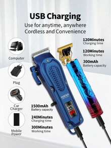 HIENA 男士理发修剪套装（2件套），T9刀头，数字显示电动理发器，集成工具套装，适合家庭使用（另有单把理发器可选）