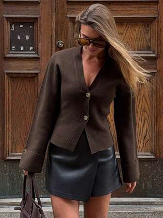 Women's Casual Soft Comfortable Dark Brown Cardigan Sweater