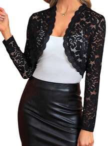 Women's Lace Shrugs Long Sleeve Bolero Sheer Floral Top Cardigan Open Front Mesh Cardigan Crop Tops Sheer Cover Up - 黑色 - 查看 7
