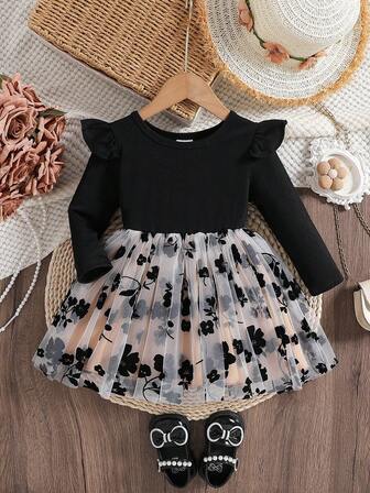 Vestido de moda para niñas bebé de primavera/otoño, cuello redondo de manga larga con falda estampada de malla y ribete de volantes, cómodo, elegante y lindo, adecuado para el uso diario de las niñas
