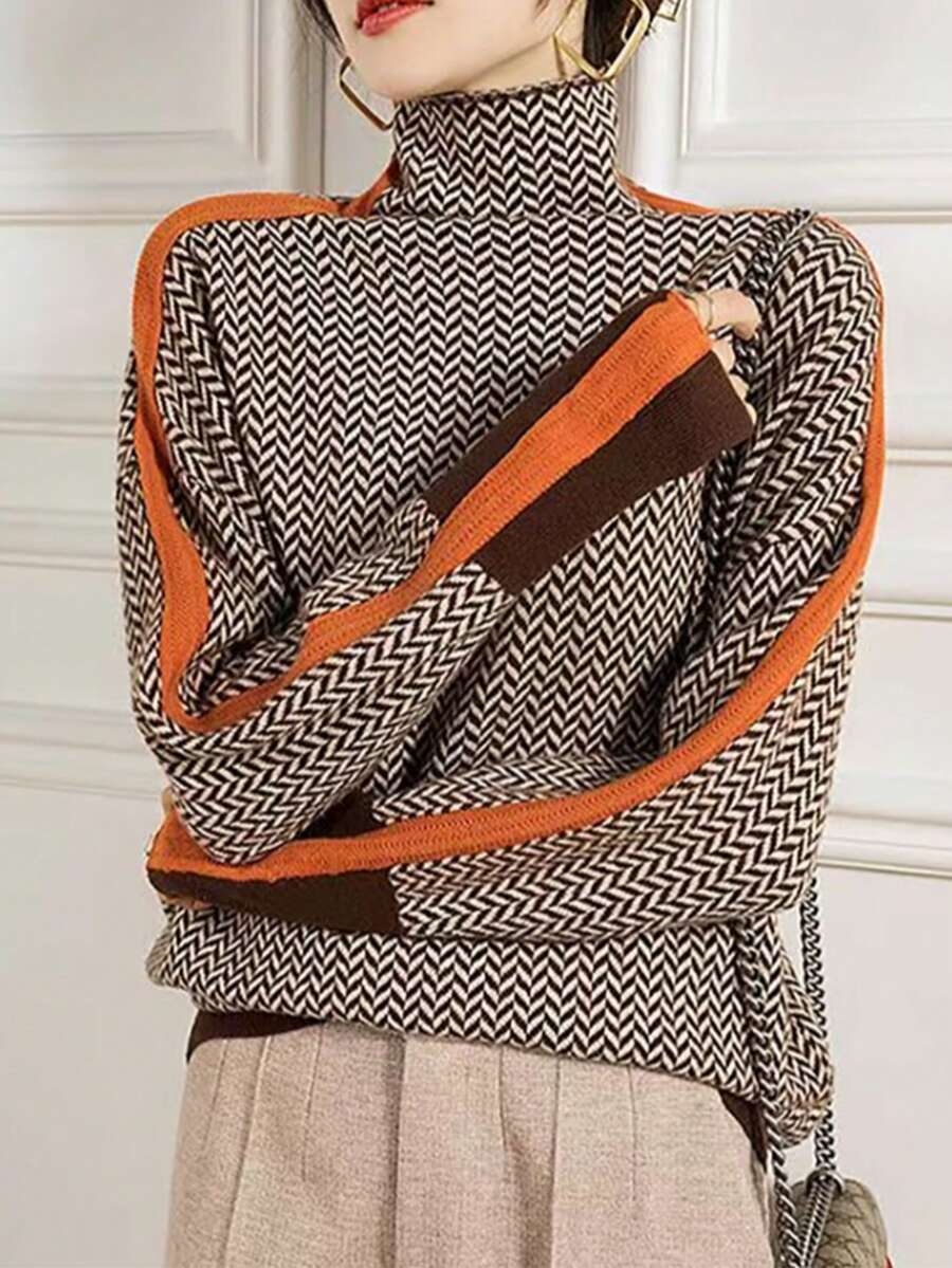 Women's Elegant Color Block Patchwork Turtleneck Knit Sweater - Coffee Brown - View 1