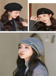 1 Piece Of Women's Octagonal Beret With Adjustable Rope And Metal Buckle, Outdoor Casual Fashion Accessory For Spring, Summer, Autumn, Hat, Fashionable Facial Cover, Elegant Detail Design, Textured Fabric