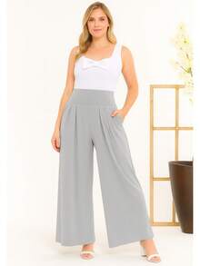 Wide-Leg, Loose-Fitting, Viscose-Blend, Wide-Waisted, High-Waisted, Pleated Pants - Gray Mix - View 4