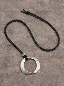 1pc Minimalist Oversized Golden Circle Asymmetrical Geometric Pendant Necklace With Multilayer Black Wax Cord Long Chain, Stylish Luxury Gift For Girlfriend Or Mother