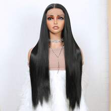 Black Color Long Silky Straight 26inch13X4 HD Transparent Lace Frontal Synthetic Wigs 180%Density Glueless Wig Preplucked With Baby Hair Daily Party Cosplay - 黑色 - 查看 2