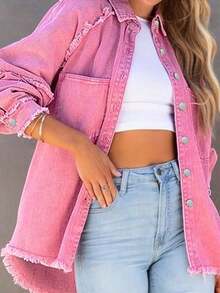 Plus Size Women Patchwork Fringe Denim Jacket Casual Pink Spring - Pink - View 6
