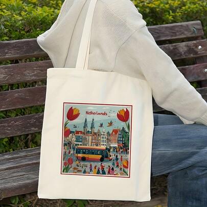 1pc Large Dutch Netherlands-Themed Tote Bag - Amsterdam Windmill, Tulip & Dutch Houses Design (Anne Frank House) - Reusable Shopping Bag With Iconic Dutch Tram & Canals Print - Durable For Travel, Groceries, Daily
