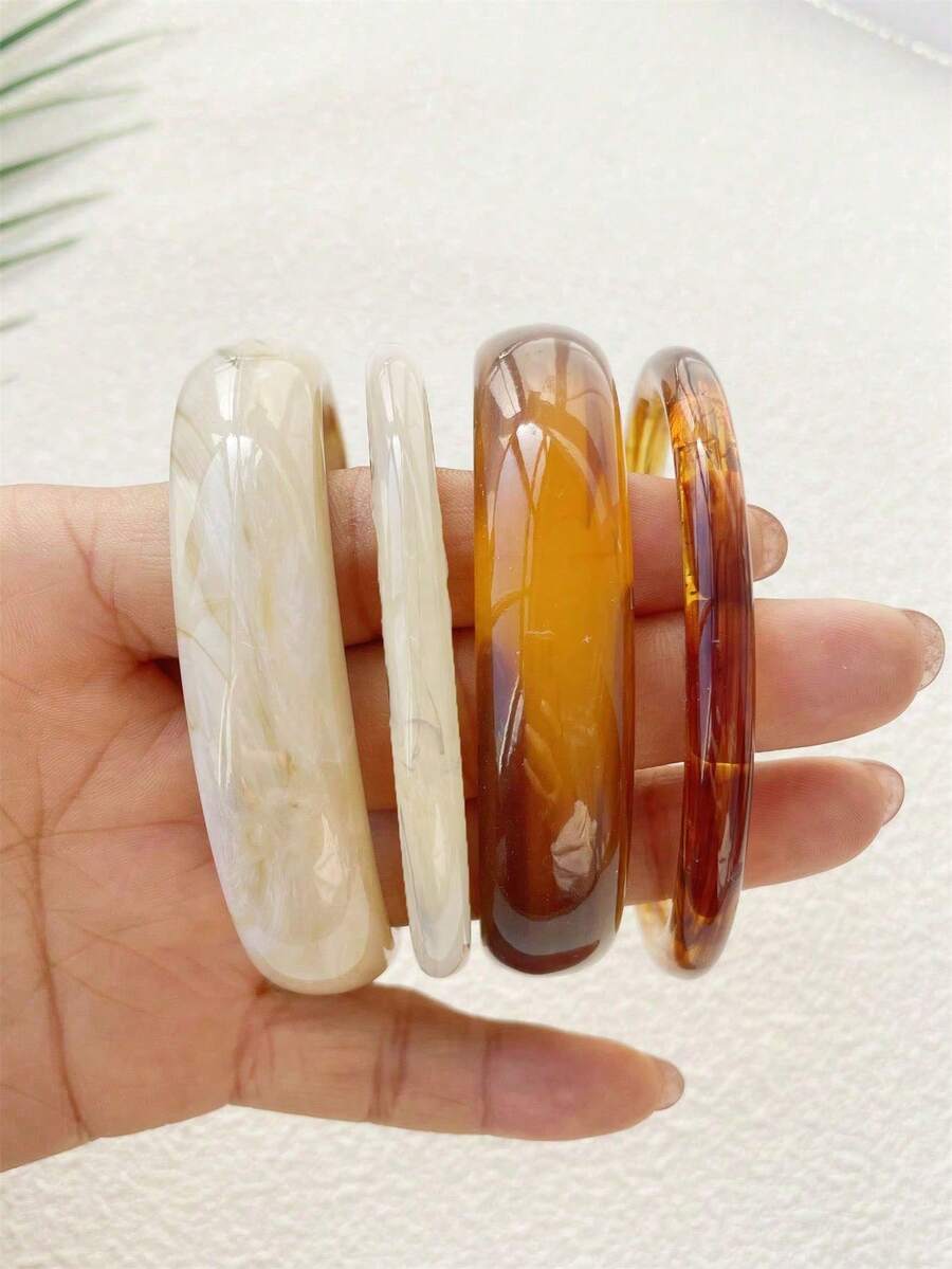 4 Pcs Vintage Resin Multi-Color Patterned Acrylic Bangle Bracelets, Fashionable & Versatile Everyday Wear For Women - Multicolor - View 1
