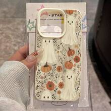 1pc TPU Material Cute Halloween Pumpkin & Ghost Pattern Phone Case, Compatible With Iphone/ Waterproof Shockproof Anti-Fall Scratch Resistant - White - View 1