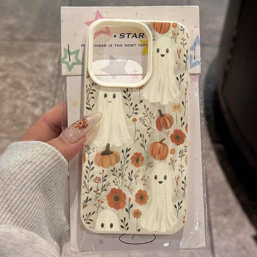 1pc TPU Material Cute Halloween Pumpkin & Ghost Pattern Phone Case, Compatible With Iphone/ Waterproof Shockproof Anti-Fall Scratch Resistant - White - View 1