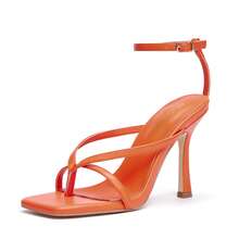Womens Square Toe Heeled Sandals,4.3 Inch Square Toe Thong Strappy Ankle Strap Stiletto Heel Sandals Wedding Dress Party Shoes - 橘色 - 查看 2
