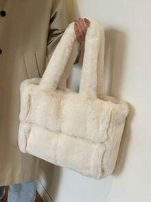 Large Capacity Plush Handbag For Women, 2025 New Autumn/Winter Versatile Furry Tote Bag, Shoulder Bag For Commuting - White - View 6