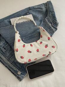 时尚草莓珍珠单肩包、新月形手提包、托特包、沙滩包、休闲草编包、女士手机袋 - 米色 - 查看 9