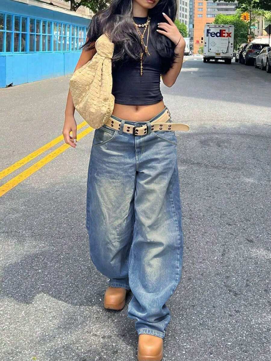 女式低腰浅色水洗宽松阔腿牛仔裤 Y2K 风格休闲裤秋冬 - 藍色 - 查看 1