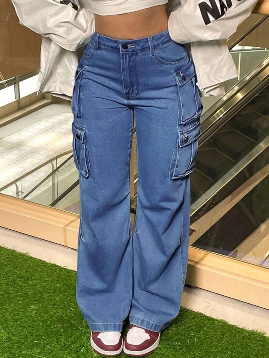 Women's Fashionable And Casual Loose Straight Leg Workwear Jeans, Paired With Multiple Pocket Decorations, Mid Waist Non Elastic, Suitable For All Seasons, Minimalist Women's Clothing, Suitable For Parties, Banquets/Dances, Parties, Birthday Parties, Cocktail Parties, Nightclubs, Nightclubs, Concerts, Music Festivals,Pantalón Jean Mujer,Women Clothes,Jeans Para Mujer,Pantalones De Mujer Jean,Ropa De Mujer,Tall Jeans Women,Y2k Clothes,Going Out Outfits,Holiday Outfits For Women,Vacation Outfits Women,Club Outfits For Women,New Years Outfit Women,Holiday Outfits For Women - 深色水洗藍 - 查看 1