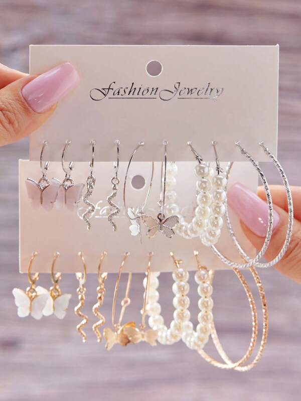 20pcs Vintage Minimalist Oil Drop Butterfly & Pearl Pendant Earrings Set, Everyday Wear For Women