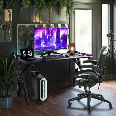 SAILUN A-Frame Gaming Desk 160cm Wide With LED | 1.5cm Thick MDF Board & Steel Frame | Ergonomic Computer Desk Spacious Work Surface | RGB Gamer Table Home Office Desk