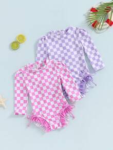 Girls Bikini Beach Swimwear Long Sleeve Checkerboard Print Ruffle Romper Bathing Suit - Rosa - Ver 4