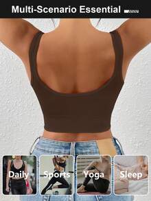 LianShengFa 1pc High Neck High Waist Elastic Yoga Sports Bra, Medium Support Shock-Absorbing Seamless Workout Bra, Comfortable Breathable Athleisure Tank Top - Brown - View 6