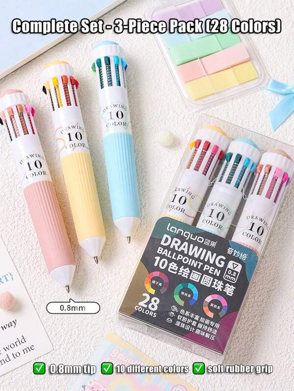قلم حبر جاف 28 لون أساسي من لانجو - قلم متعدد الألوان 10 لون مع لون واحد للكتابة في اليوميات والرسم والملاحظات - قلم جل بقبضة ناعمة كرتونية جميلة بسمك 0.8 مم - قلم جل كرتوني ملون للطلاب للرسم والكتابة - قلم دفتر ، قرطاسية إبداعية