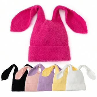 1 pieza Gorro de punto con orejas de conejo lindas, sombrero de calavera de conejo esponjoso para mujeres y hombres, accesorio cálido para invierno, otoño, nieve, esquí, correr, viajes