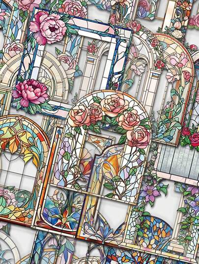 SCXXBSW 50张复古花镜面贴纸卡通涂鸦贴装饰手册水杯笔记本行李箱防水贴