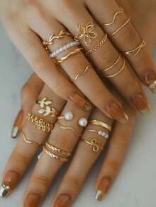 8/11/20/22/30pcs/Set,Heart, Wave Texture, Star Rhinestone Rings Set, Suitable For Women's Daily, Wedding, Party Wear, Gift For Friends And Family - Multicolor - View 8