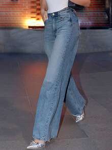 Chicsale Women's Wide Leg Palazzo Pants - Mid Rise Straight Cut Trousers | Flowy Elegant Full Length Denim With Tapered Hem | Business Casual Relaxed Fit - 淺色水洗藍 - 查看 1