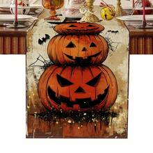 1 bucată de steag de masă cu model de dovleac de Halloween, fabricat din fibră de poliester tricotată de 72 inch, folosit pentru mese de sărbători, decorațiuni de bucătărie acasă, petreceri și cadouri