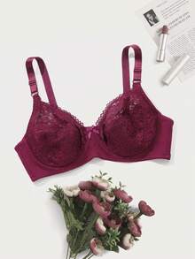 Plus Size Women Thin Foam Padded Bra, Sexy Lace Semi-Sheer Underwire Romantic French Elegant Lingerie, Lift - Burgundy - View 4