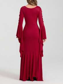 Women Halloween Vampire Costume Cut-Out Lacing Bodycon Gothic Floor Dress Cosplay Outfits - Red - View 6