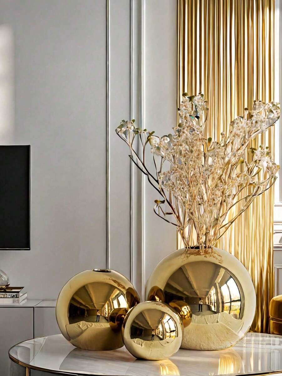 Christmas A Lightweight Golden Spherical Luxury Vase, Suitable For Placement In Living Rooms, Dining Rooms, Offices, Hallways, Etc. It Is Suitable As A Birthday Gift Or Graduation Gift. Home Decor Gift For New Year - Gold - View 1