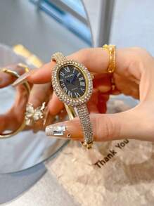 1pc Ladies' Watch, Golden Watch, Classic Oval-Shaped Case With Roman Numeral Dial, Suitable For Daily Wear, Business Work Watch, Festival Gift
