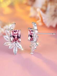 1pc Simple Sea Blue Rectangular Shape Cubic Zirconia Leaf Shaped Elegant Earring For Women, Suitable For Wedding, Engagement, And Daily Accessories