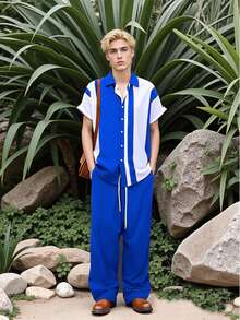2 Piece Men's Geometric Print Short-Sleeved Shirt Clear Color Drawstring Pants Set Breathable Short-Sleeved Shirt And Drawstring Shorts Set Home Party Style, Perfect For Summer Outdoor And Casual Wear - Comfortable Fit Complete Two-Piece Men's Outfit - Màu xanh lam - Xem 2