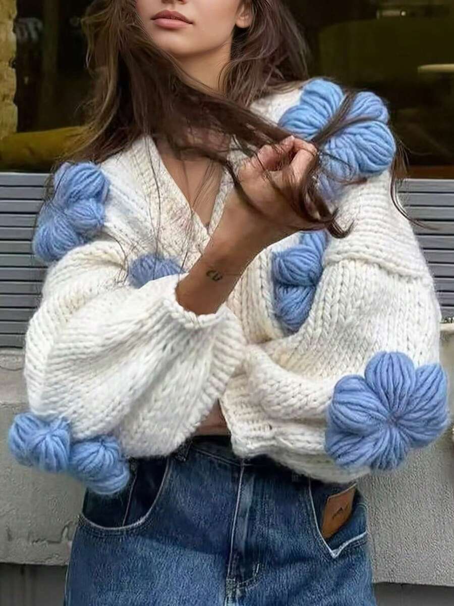 女士优雅花卉提花针织开衫，休闲外套，适合约会和外出，秋冬季白色