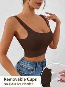 LianShengFa 1pc High Neck High Waist Elastic Yoga Sports Bra, Medium Support Shock-Absorbing Seamless Workout Bra, Comfortable Breathable Athleisure Tank Top - Brown - View 4